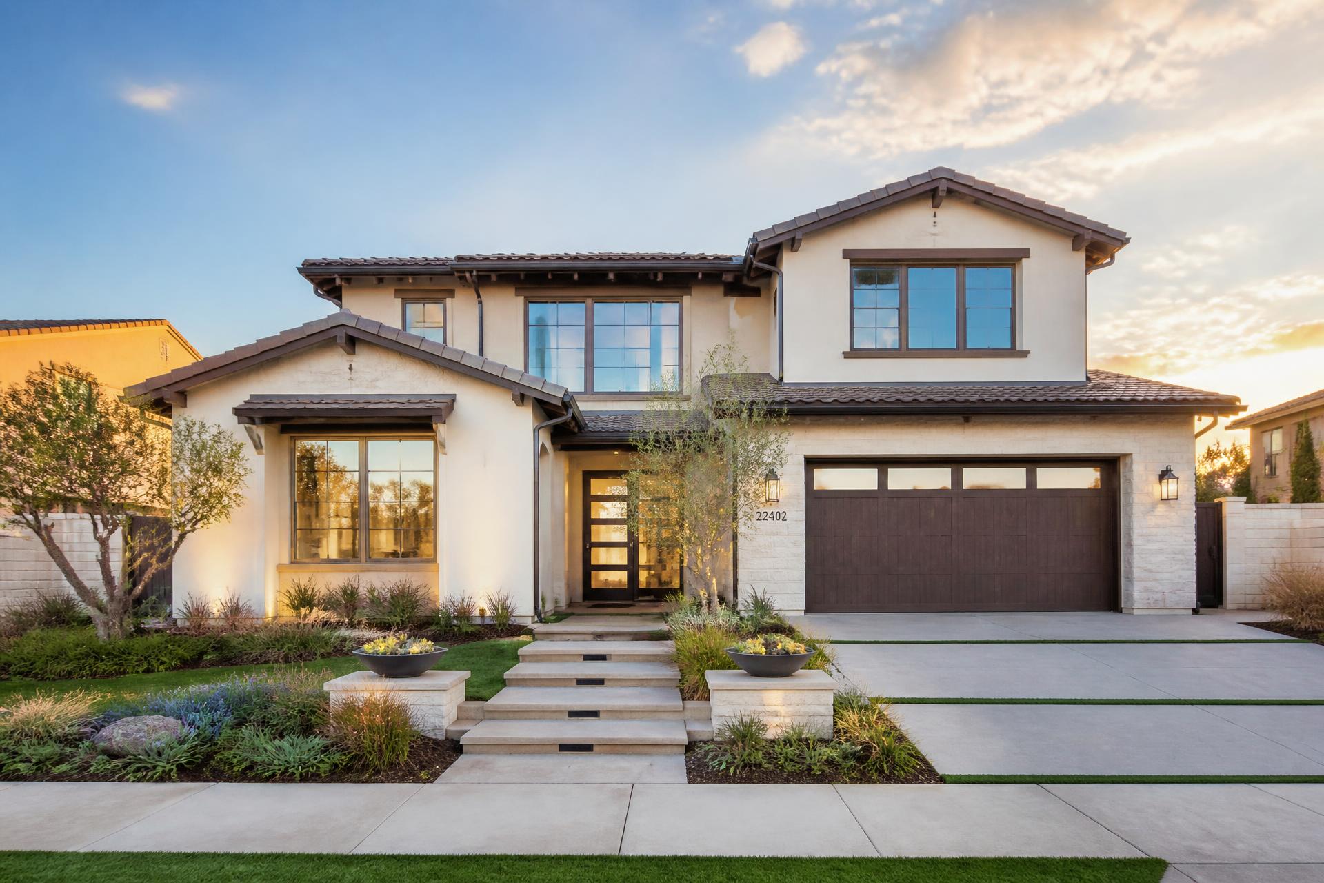 Modern two-story East Bay home with large, freshly cleaned windows at golden hour